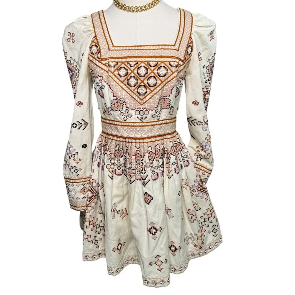 Ulla Johnson Adilah Beaded Embroidered Cotton Linen Mini Dress Ochre size 0
